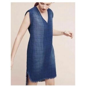 Cloth & Stone XS Blue Chambray Fringe Dress Windowpane Cotton Sleeveless Pockets
